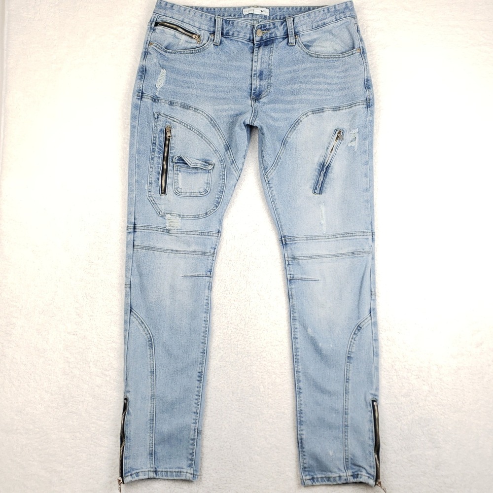Fashion Nova Men Light Wash Moto Distressed Skinny Jeans Blue Size 36 Ankle Zip